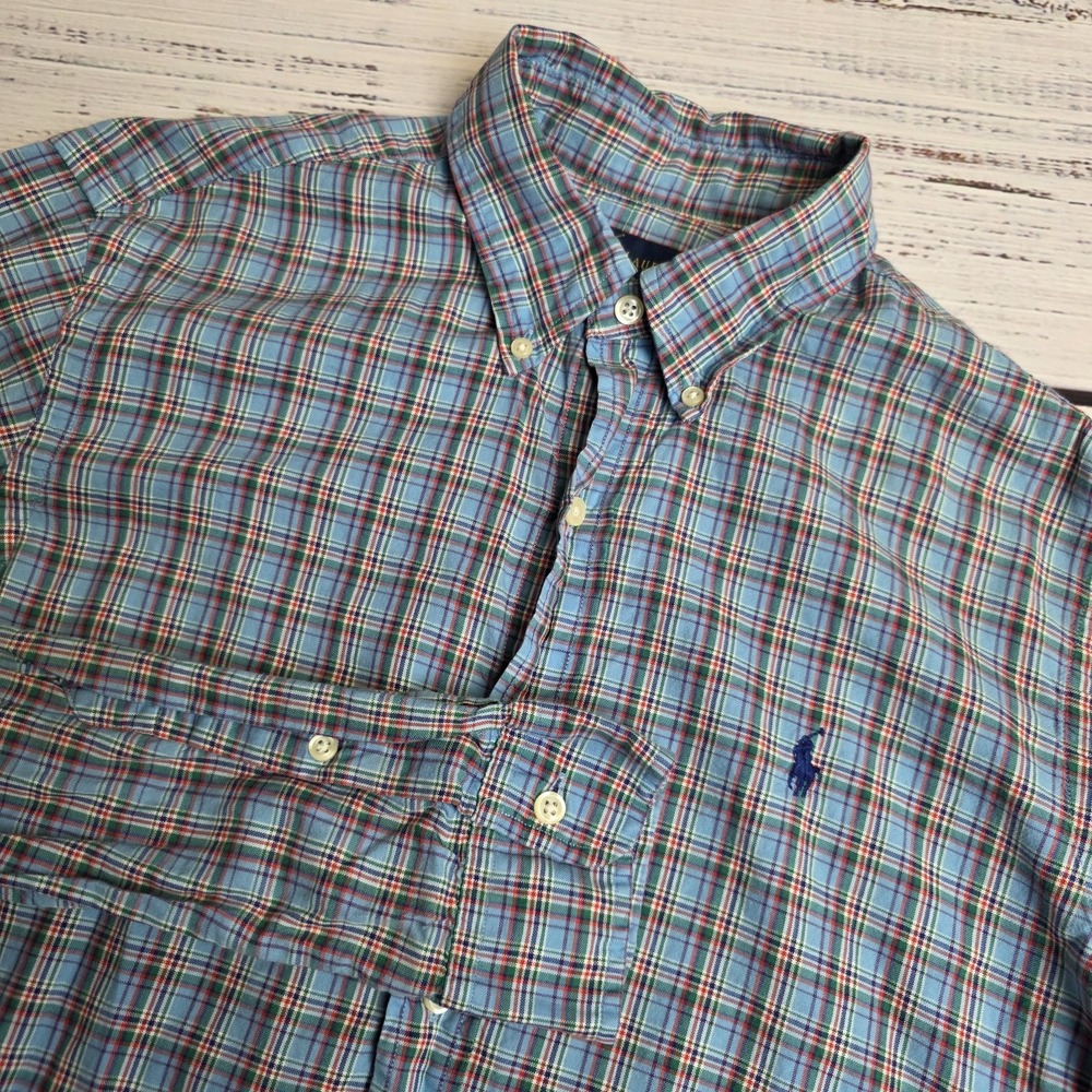 Ralph Lauren Size Medium Long Sleeve Button Down Blue Green Plaid Cotton Classic